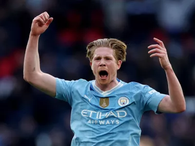 FILE PHOTO: Soccer Football - FA Cup - Semi Final - Manchester City v Chelsea - Wembley Stadium, London, Britain - April 20, 2024 Manchester City's Kevin De Bruyne celebrates after the match Action Images via Reuters/Paul Childs/File Photo