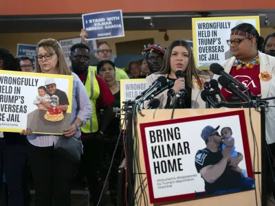 Jennifer Vasquez Sura, the wife of Kilmar Abrego Garcia of Maryland, who was mistakenly deported to El Salvador, speaks during a news conference at CASA's Multicultural Center in Hyattsville, Md., Friday, April 4, 2025. (AP Photo/Jose Luis Magana)