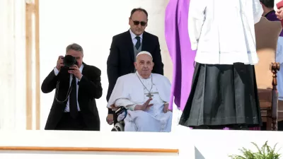 Pope Francis appears for the first time since his return to the Vatican, on the day Archbishop Rino Fisichella leads mass for Jubilee of Sick and Health Care Workers in Saint Peter square, at the Vatican, April 6, 2025. REUTERS/Remo Casilli