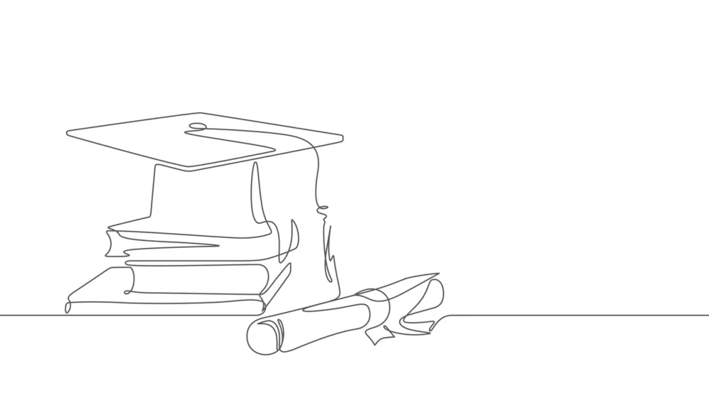 stacked of books school elements in graduation congratulation composition in continuous line drawing vector illustration / Foto: Issarajarukitjaroon