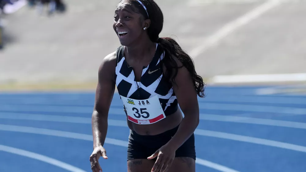 Athletics - Jamaica Olympic Destiny Track Meet - Kingston, Jamaica - June 5, 2021 Jamaica's Shelly-Ann Fraser-Pryce reacts after the women's 100m. Two-time Olympic 100m champion Fraser-Pryce clocked the world&acirc;&euro;&trade;s fastest women&acirc;&euro;&trade;s 100m in nearly 33 years and the fourth-best time in history REUTERS/Gilbert Bellamy   TPX IMAGES OF THE DAY