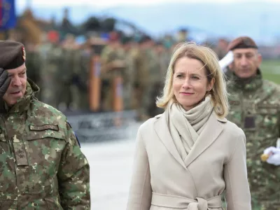 EU High Representative for Foreign Affairs and Security Policy and Vice-President of the European Commission Kaja Kallas accompanied by Commander of EUFOR Major General Florin-Marian Barbu, Romania, inspect troops during a visit to the EUFOR Base(European Union Forces in Bosnia and Herzegovina) in Sarajevo, Bosnia and Herzegovina, April 8, 2025. REUTERS/Amel Emric