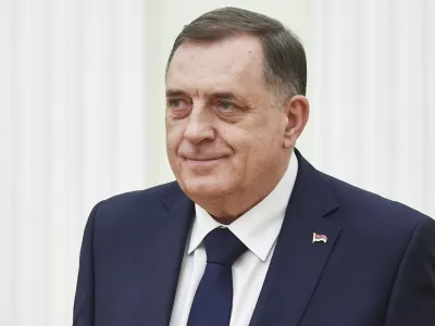 Bosnian Serb President Milorad Dodik attends a meeting with Russian President Vladimir Putin meeting at the Kremlin in Moscow, Russia, Tuesday, April 1, 2025. (Mikhail Tereshchenko, Sputnik, Kremlin Pool Photo via AP)