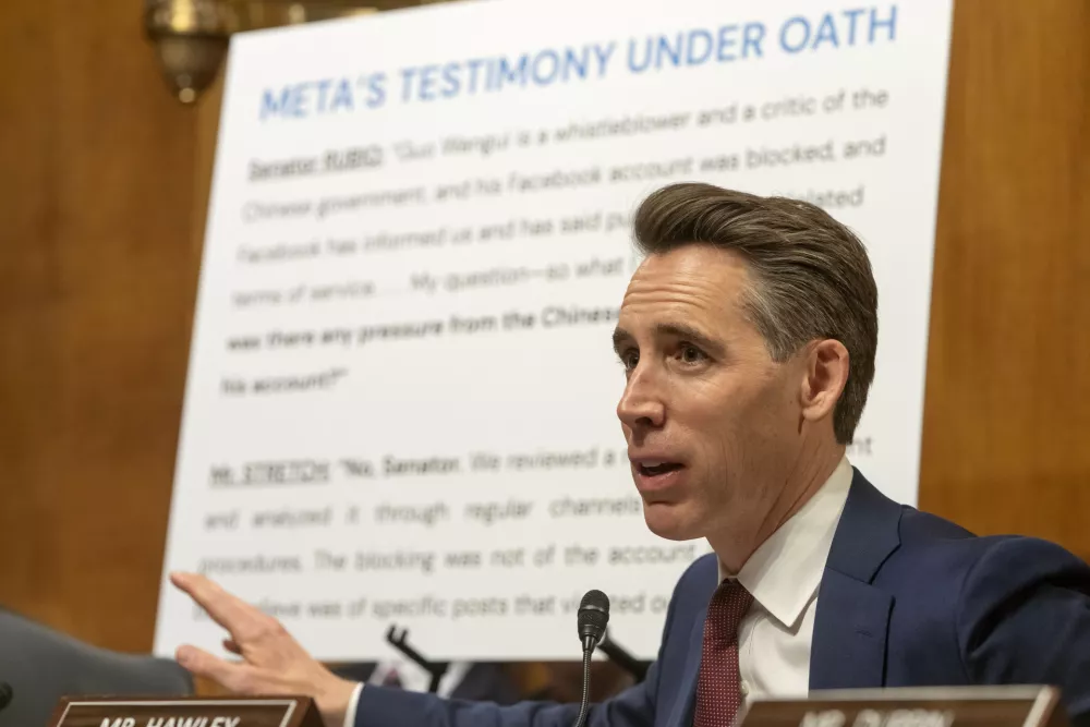 Sen. Josh Hawley, R-Mo., speaks during a hearing of the Senate Judiciary Subcommittee on Crime and Counterterrorism on Capitol Hill, Wednesday, April 9, 2025, in Washington. (AP Photo/Mark Schiefelbein)