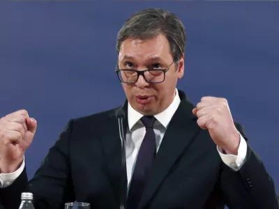 Serbia's President Aleksandar Vucic speaks during a press conference in Belgrade, Serbia, Sunday, March 17, 2019. Vucic has pledged to defend the country's law and order a day after opposition supporters stormed the national TV station protesting what they say is his autocratic rule. (AP Photo/Darko Vojinovic)