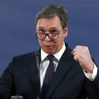 Serbia's President Aleksandar Vucic speaks during a press conference in Belgrade, Serbia, Sunday, March 17, 2019. Vucic has pledged to defend the country's law and order a day after opposition supporters stormed the national TV station protesting what they say is his autocratic rule. (AP Photo/Darko Vojinovic)