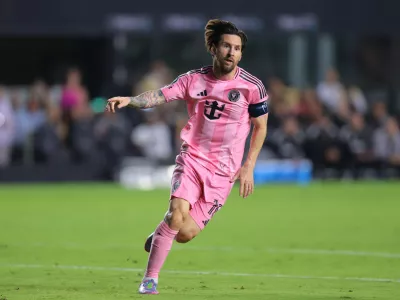 Apr 9, 2025; Ft. Lauderdale, Florida, USA; Inter Miami CF forward Lionel Messi (10) celebrates after scoring against the Los Angeles FC during the first half at Chase Stadium. Mandatory Credit: Sam Navarro-Imagn Images