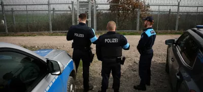 Frontex border police from Germany and Greece are pictured near a fence at the border between Bulgaria and Turkey, near Kapitan Andreevo, Bulgaria, February 29, 2024. REUTERS/Stoyan Nenov