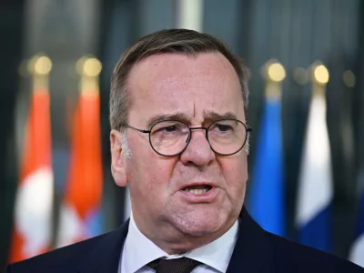 11 April 2025, Belgium, Brussels: Boris Pistorius, Germany's acting Defence Minister, speaks to media representatives ahead of a meeting of the defence ministers of the member states of the so-called Coalition of the Willing at the North Atlantic Treaty Organization (NATO) headquarters in Brussels. Photo: Anna Ross/dpa