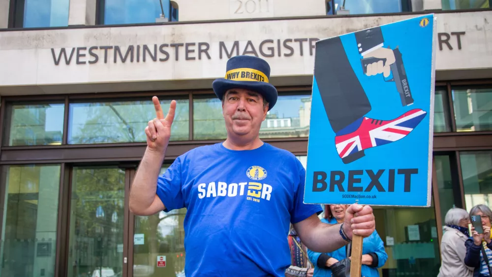 April 14, 2025, London, England, United Kingdom: Anti-Brexit protester STEVE BRAY isseenoutside Westminster Magistrates' Court in London, after being cleared of flouting a police ban on playing anti-Conservative and anti-Brexit music through speakers outside Parliament in March last year. (Credit Image: &copy; Tayfun Salci/ZUMA Press Wire)