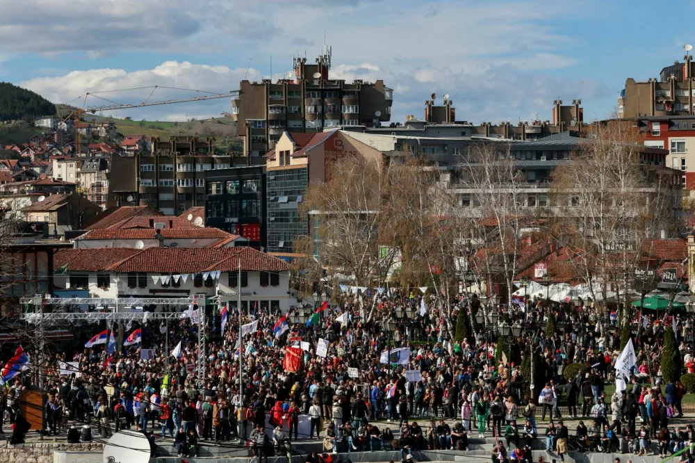Students and local citizens attend a protest, which has become a national movement for change following the deadly November 2024 Novi Sad railway station roof collapse, in Novi Pazar, Serbia April 12, 2025. REUTERS/Samir Delic