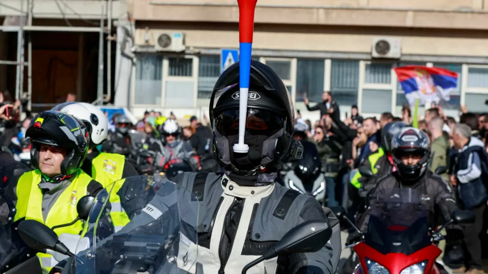 Serbian bikers attend a protest, which has become a national movement for change following the deadly November 2024 Novi Sad railway station roof collapse, in Novi Pazar, Serbia April 12, 2025. REUTERS/Samir Delic
