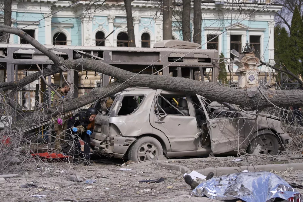 The city center in the aftermath of the Russia's missile attack that killed at least 21 civilians in Sumy, Ukraine, Sunday, April 13, 2025. (AP Photo)
