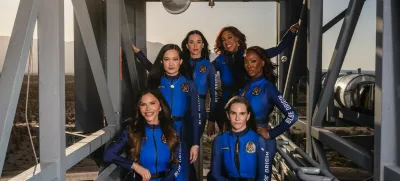 The all-woman crew for Blue Origin's upcoming flight into space includes, clockwise from top left: Katy Perry, Gayle King, Aisha Bowe, Kerianne Flynn, Lauren Sánchez and Amanda Nguyen, on the bridge of Blue Origin's Launch Site One outside of Van Horn, Texas on April 11, 2025. Sánchez teamed up with Monse to redesign the Blue Origin flight suits with its all-female launch in mind.,Image: 987387496, License: Rights-managed, Restrictions:, Model Release: no