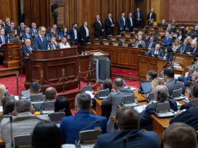 Serbia's Prime Minister-designate Djuro Macut presents a plan for the new government to parliament members in Belgrade, Serbia, April 15, 2025. REUTERS/Stringer