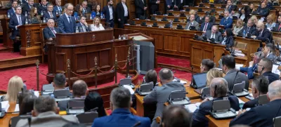 Serbia's Prime Minister-designate Djuro Macut presents a plan for the new government to parliament members in Belgrade, Serbia, April 15, 2025. REUTERS/Stringer