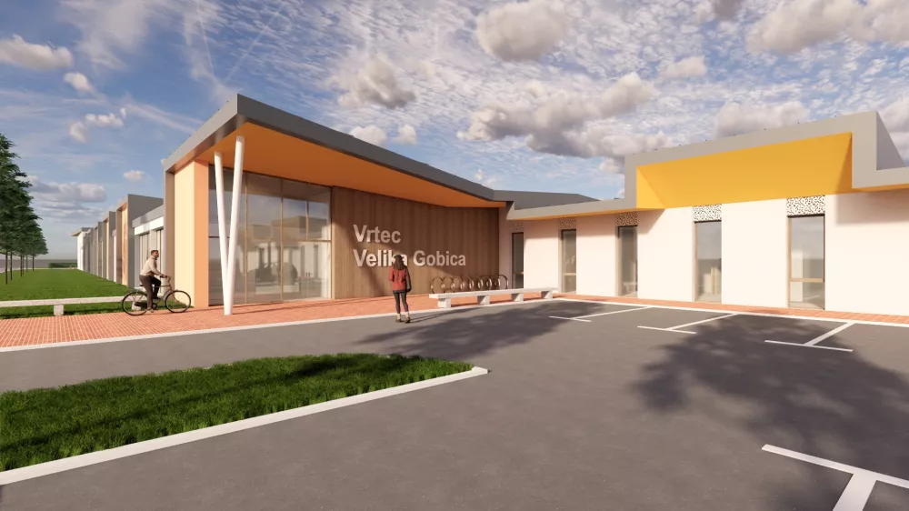 render - vizualizacijo osnutka zunanjega izgleda bodočega vrtca. 