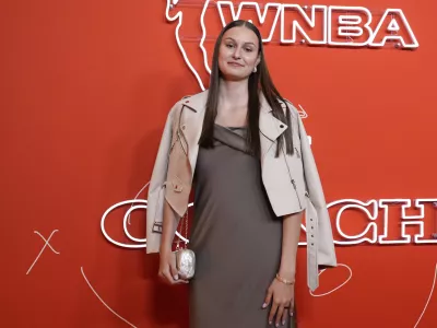 Ajsa Sivka poses before the WNBA basketball draft, Monday, April 14, 2025, in New York. (AP Photo/Pamela Smith)