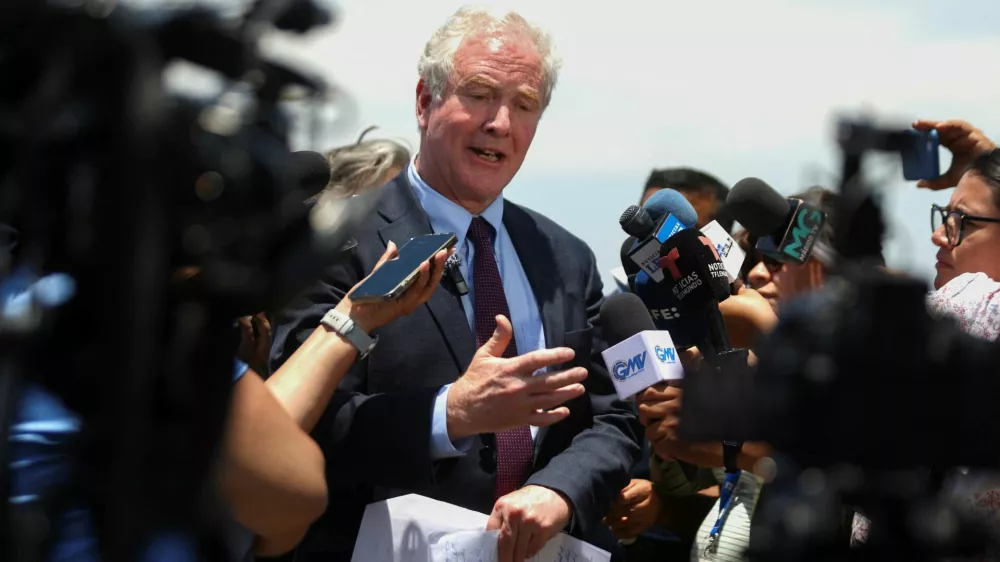 U.S. Senator Chris Van Hollen (D-MD) speaks to the media during a visit to El Salvador to advocate for the release of Kilmar Abrego Garcia, a Salvadoran man deported without due process by the administration of U.S. President Donald Trump as an alleged MS-13 gang member and sent to the Terrorism Confinement Center (CECOT), in San Salvador, El Salvador, April 16, 2025. REUTERS/Jose Cabezas