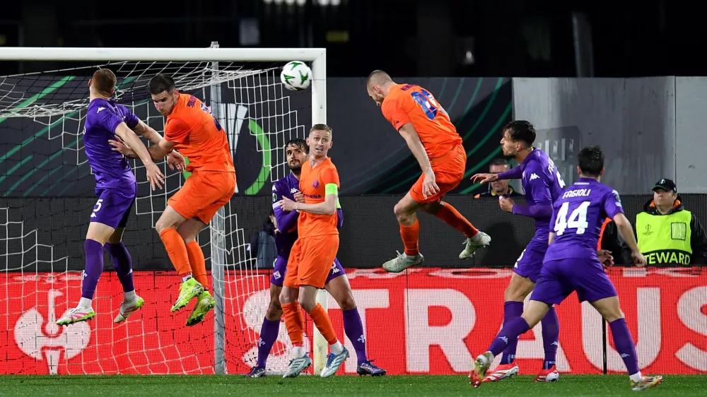 Soccer Football - Conference League - Quarter Final - Second Leg - Fiorentina v Celje - Stadio Artemio Franchi, Florence, Italy - April 17, 2025 Celje's Klemen Nemanic scores their second goal REUTERS/Jennifer Lorenzini