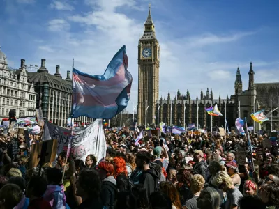 Protesters rally for trans rights following a Supreme Court ruling that only biological women are recognised under Britain's Equality Act, in London, Britain, April 19, 2025. REUTERS/Chris J Ratcliffe