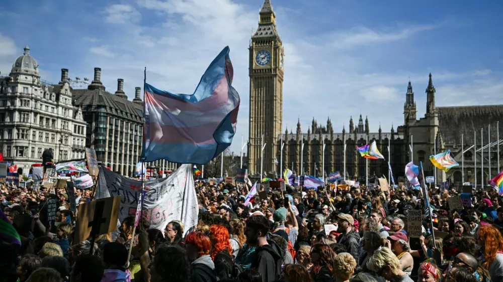 Protesters rally for trans rights following a Supreme Court ruling that only biological women are recognised under Britain's Equality Act, in London, Britain, April 19, 2025. REUTERS/Chris J Ratcliffe