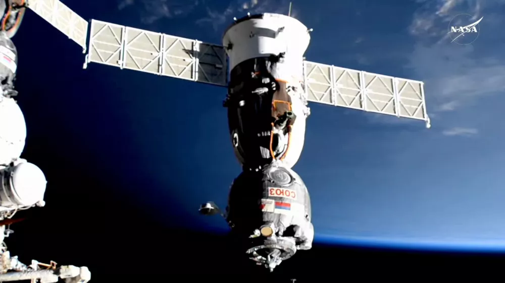 Soyuz MS-26 carrying the departing crew of NASA's Don Pettit and Roscosmos cosmonauts Ivan Vagner and Alexey Ovchinin leaves the International Space Station (ISS) April 19, 2025, in a still image from video.  NASA TV/Handout via REUTERS THIS IMAGE HAS BEEN SUPPLIED BY A THIRD PARTY
