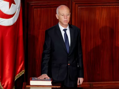 FILE PHOTO: Tunisian President Kais Saied takes the oath of office in Tunis, Tunisia, October 23, 2019. REUTERS/Zoubeir Souissi/File Photo