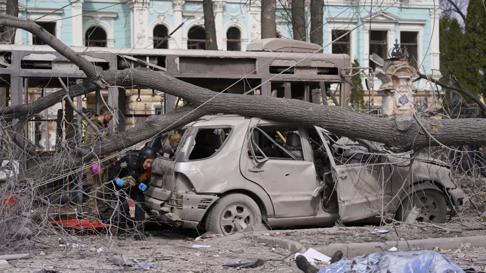 The city center in the aftermath of the Russia's missile attack that killed at least 21 civilians in Sumy, Ukraine, Sunday, April 13, 2025. (AP Photo)