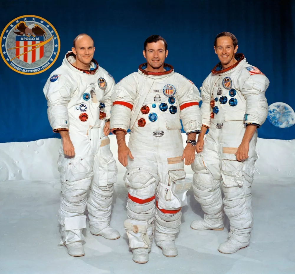 The Apollo 16 prime crew mission portrait. The astronauts are, from left to right, Thomas K. Mattingly II, command module pilot, John W. Young, commander, and Charles M. Duke Jr., lunar module pilot.,Image: 53484114, License: Rights-managed, Restrictions:, Model Release: noFoto: Profimedia