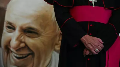 An image of Pope Francis is seen during a Mass in his memory at the Caracas Cathedral, following the death of the pontiff, in Caracas, Venezuela April 21, 2025. REUTERS/Maxwell Briceno