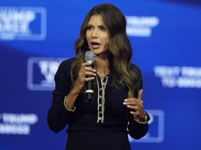 FILE - South Dakota Gov. Kristi Noem speaks before Republican presidential nominee former President Donald Trump at a campaign town hall, Oct. 14, 2024, in Oaks, Pa. (AP Photo/Matt Rourke, File)
