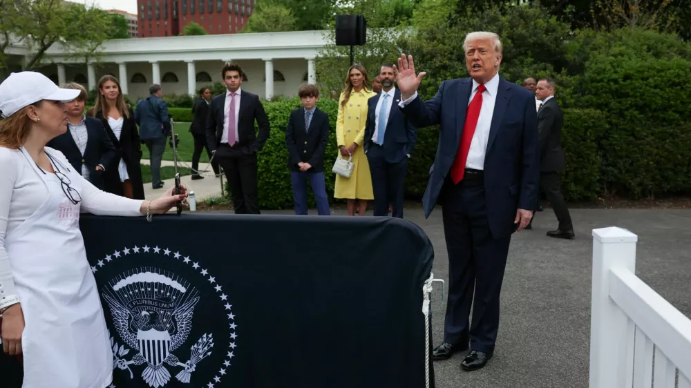 U.S. President Donald Trump attends the annual White House Easter Egg Roll, on the South Lawn of the White House in Washington, D.C., U.S., April 21, 2025. REUTERS/Leah Millis