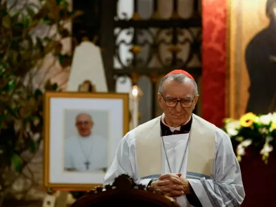 FILE PHOTO: The Vatican's Secretary of State Cardinal Pietro Parolin looks on at the end of the Rosary for Pope Francis at the Papal Basilica of Saint Mary Major (Santa Maria Maggiore), following the death of the pontiff, in Rome, Italy, April 22, 2025. REUTERS/Susana Vera/File Photo