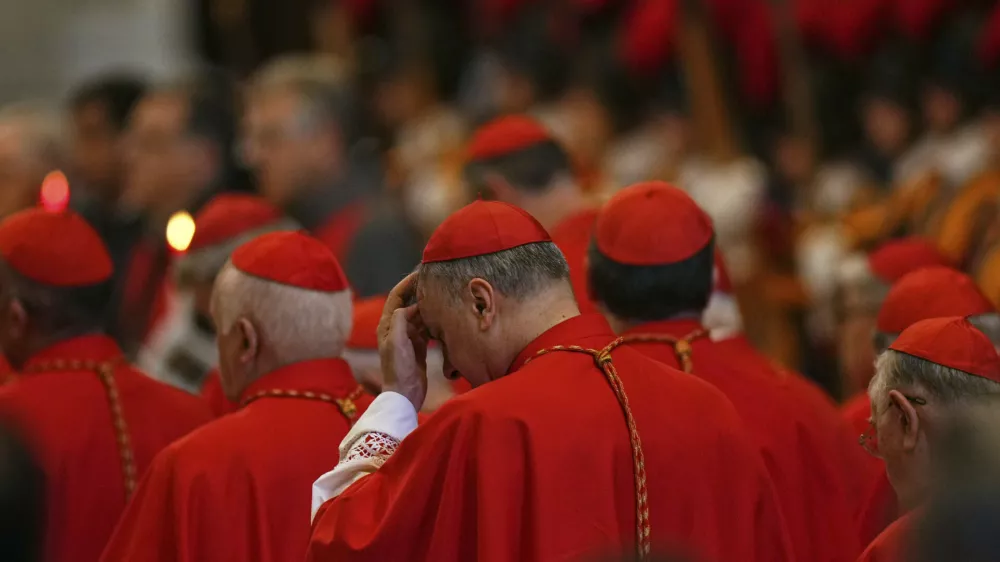 Cardinals stand by the body of Pope Francis, who will lie in state for three days, after it arrived in St. Peter's Basilica at the Vatican, Wednesday, April 23, 2025. (AP Photo/Francisco Seco)