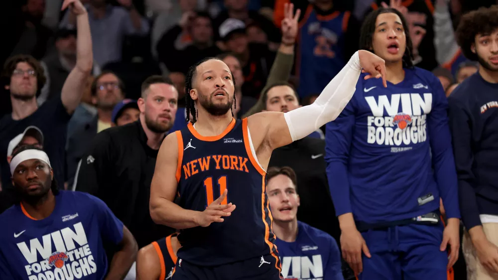 Apr 21, 2025; New York, New York, USA; New York Knicks guard Jalen Brunson (11) watched his three point shot against the Detroit Pistons during the second quarter of game two of the first round of the 2024 NBA Playoffs at Madison Square Garden. Mandatory Credit: Brad Penner-Imagn Images