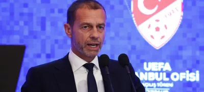 Soccer Football - Opening of UEFA Representation Office - Istanbul, Turkey - April 24, 2025 UEFA President Aleksander Ceferin during the opening ceremony of UEFA's Representation Office REUTERS/Umit Bektas