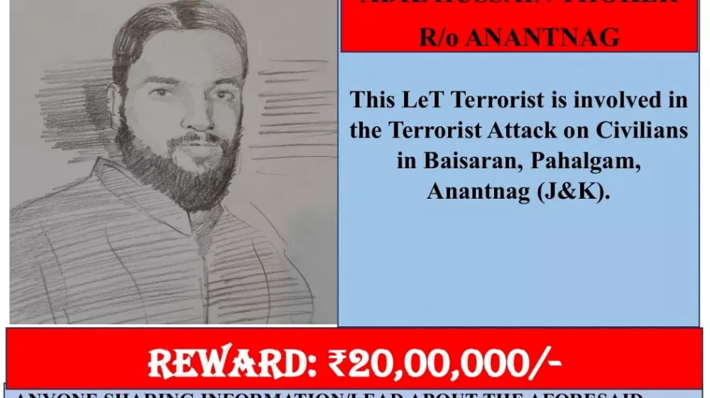 A wanted poster shows a sketch of Adil Hussain Thoker, a gunman suspected to be involved in a suspected militant attack on tourists in Baisaran near Pahalgam in south Kashmir's Anantnag district, in this handout image released on April 24, 2025. Anantnag Police via X/Handout via REUTERS  THIS IMAGE HAS BEEN SUPPLIED BY A THIRD PARTY. NO RESALES. NO ARCHIVES. MANDATORY CREDIT.