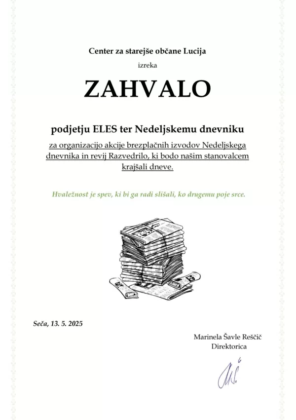 zahvala, Nedeljski, dom starej&scaron;ih / Foto: Nd