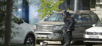 A sapper works at the scene where Lt. Gen. Yaroslav Moskalik, a deputy head of the main operational department in the General Staff of the Russian armed forces, was killed by an explosive device placed in a car in Balashikha, just outside Moscow, Russia, on Friday, April 25, 2025. (AP Photo)