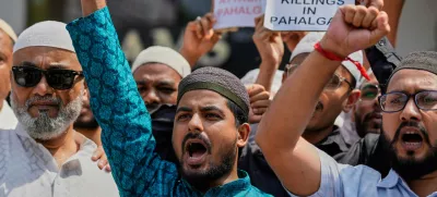 Muslims shout slogans after Friday prayers during a protest against the killing of tourists by militants near Pahalgam in Indian controlled Kashmir, in Guwahati, India, Friday, April 25, 2025. (AP Photo/Anupam Nath)
