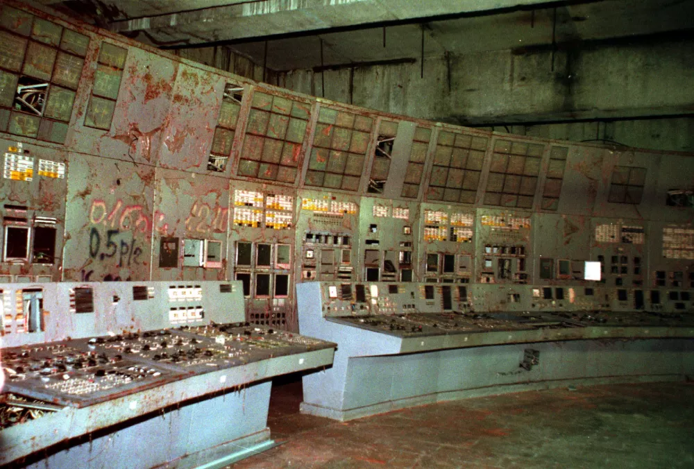** FILE ** The old control room is shown inside reactor No.4 in the Chernobyl nuclear power plant in this Nov.10, 2000, file photo. This is the location where Soviet engineers flipped a power switch on April 26, 1986, and two explosions followed one after another immediately, sending radioactive clouds thoughout most of Europe, causing the world's worst nuclear accident. (AP Photo/Efrem Lukatsky, file)