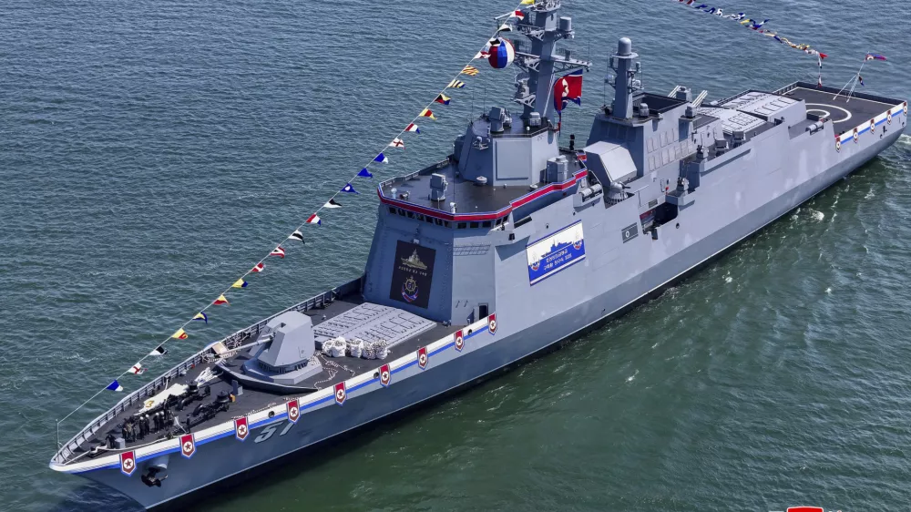 This photo provided by the North Korean government shows a new naval destroyer unveiled at a western port in Nampo, North Korea, Friday, April 25, 2025. Independent journalists were not given access to cover the event depicted in this image distributed by the North Korean government. The content of this image is as provided and cannot be independently verified. Korean language watermark on image as provided by source reads: "KCNA" which is the abbreviation for Korean Central News Agency. (Korean Central News Agency/Korea News Service via AP)