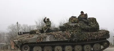 FILE - In this image made from a video distributed by the Russian Defense Ministry Press Service on Friday, March 14, 2025, Russian soldiers ride on a self-propelled gun in Russia's Kursk region. (Russian Defense Ministry Press Service via AP, File)