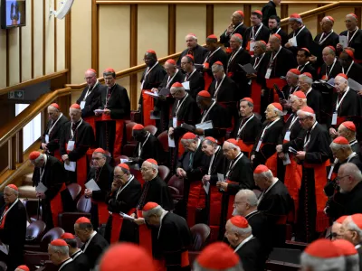 Cardinals participate in a general congregation meeting at the Vatican, April 28, 2025. Mario Tomassetti/Vatican Media/&shy;Handout via REUTERS ATTENTION EDITORS - THIS IMAGE WAS PROVIDED BY A THIRD PARTY. REFILE - REMOVING "ITALY".