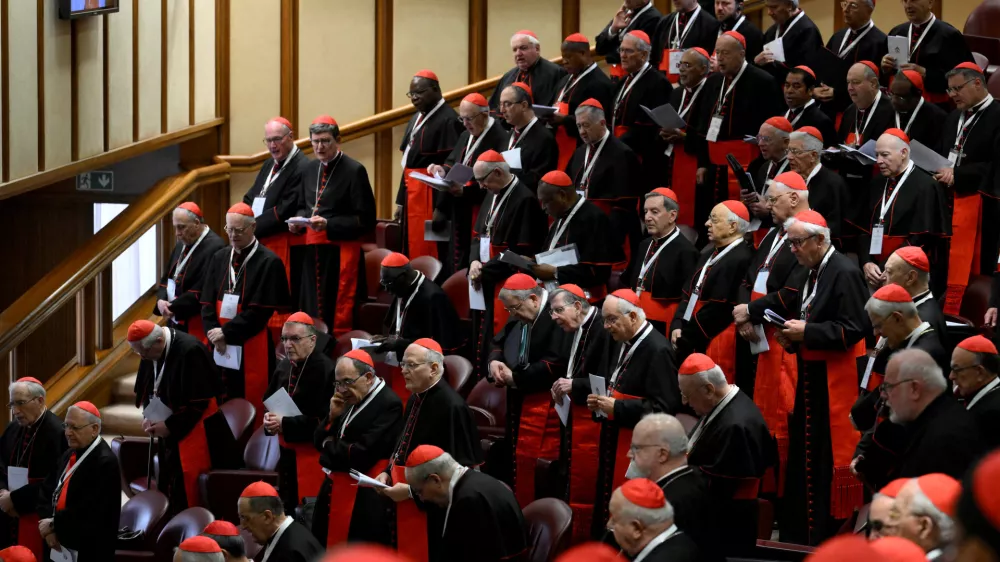 Cardinals participate in a general congregation meeting at the Vatican, April 28, 2025. Mario Tomassetti/Vatican Media/&shy;Handout via REUTERS ATTENTION EDITORS - THIS IMAGE WAS PROVIDED BY A THIRD PARTY. REFILE - REMOVING "ITALY".