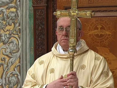 Newly elected Pope Francis I, Cardinal Jorge Mario Bergoglio of Argentina, leads a a mass with cardinals at the Sistine Chapel, in a still image taken from video at the Vatican March 14, 2013. Argentine Cardinal Jorge Bergoglio surprised the world on Wednesday when he ended a run of nearly 1,300 years of European popes and greeted St. Peter's Square for the first time as Pope Francis.  REUTERS/Vatican CTV via Reuters Tv (VATICAN - Tags: RELIGION) FOR EDITORIAL USE ONLY. NOT FOR SALE FOR MARKETING OR ADVERTISING CAMPAIGNS.