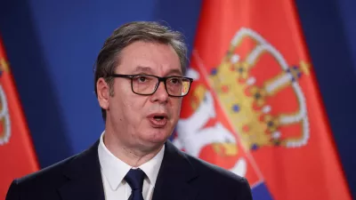 FILE PHOTO: Serbian President Aleksandar Vucic gives a statement next to Hungarian Prime Minister Viktor Orban (not pictured) after the countries' bilateral committee for strategic cooperation meeting in Budapest, Hungary, November 14, 2024. REUTERS/Bernadett Szabo/File Photo