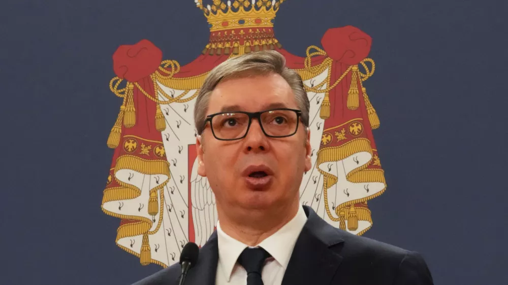 Serbian President Aleksandar Vucic speaks during a signing ceremony between Serbia and Hungary, in Belgrade, Serbia, Tuesday, April 1, 2025. (AP Photo/Darko Vojinovic)