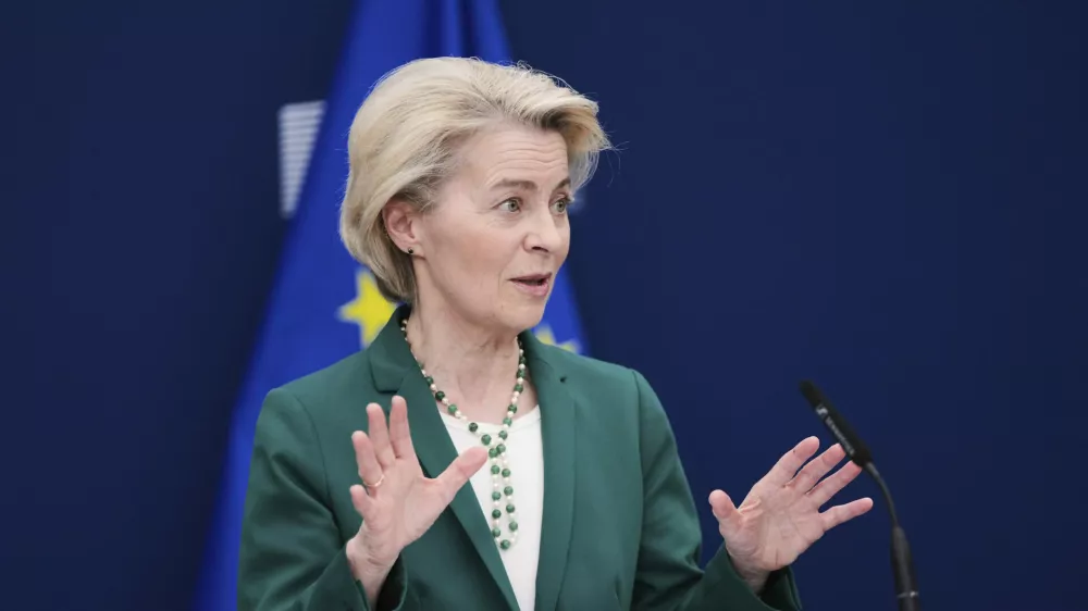 European Commission President Ursula von der Leyen addresses journalists during a media conference at EU headquarters in Brussels, Monday, April 7, 2025. (AP Photo/Virginia Mayo)